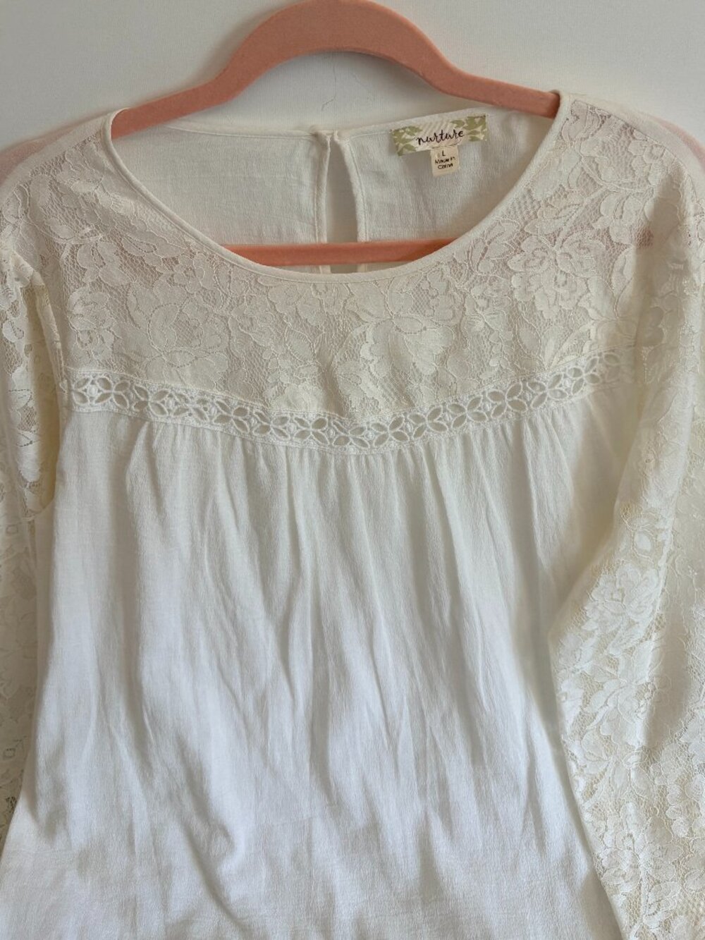 Nurture Women's Ivory Lace Sleeve Pullover Top Size Large Boho